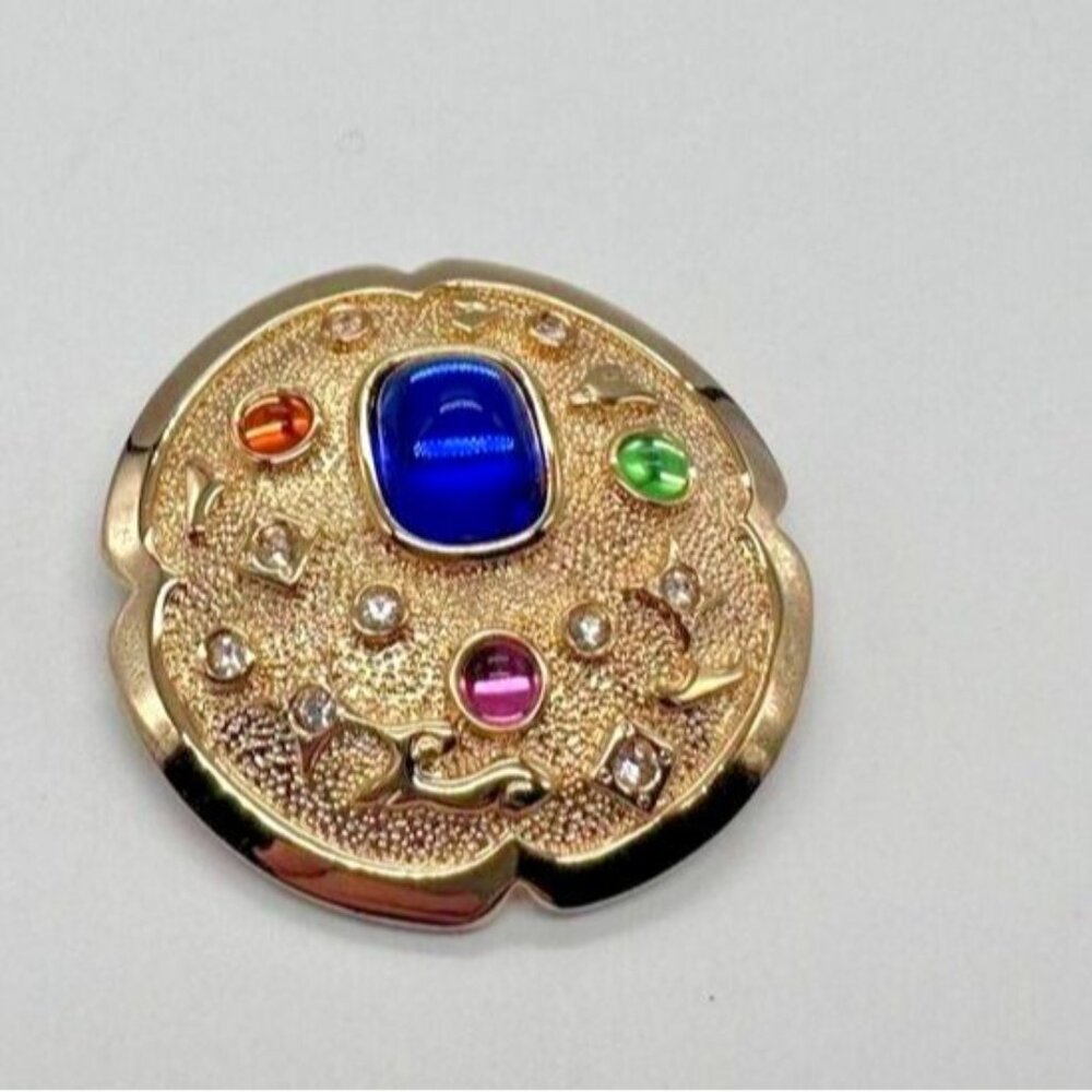 Vintage Park Lane Gold Tone Brooch Pendant Multi Colored Cabochon Rhinestone